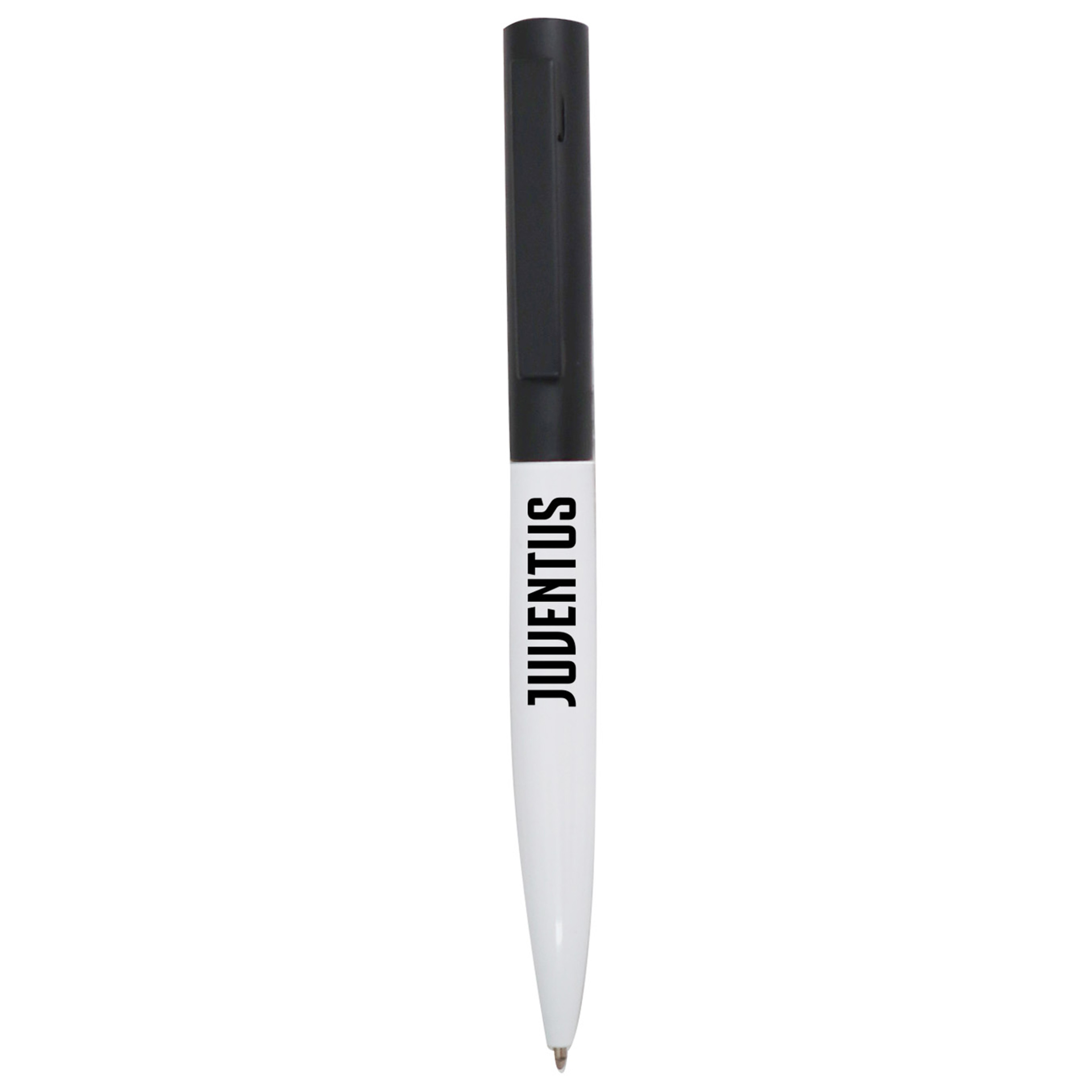 Penna a sfera in metallo con fusto bianco e clip nera in tubo trasparent